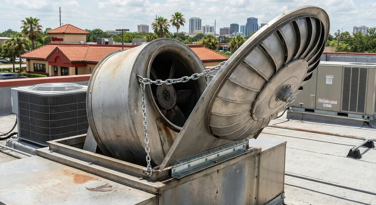 Rooftop hinge and exhaust system repair conditions documented in Orlando