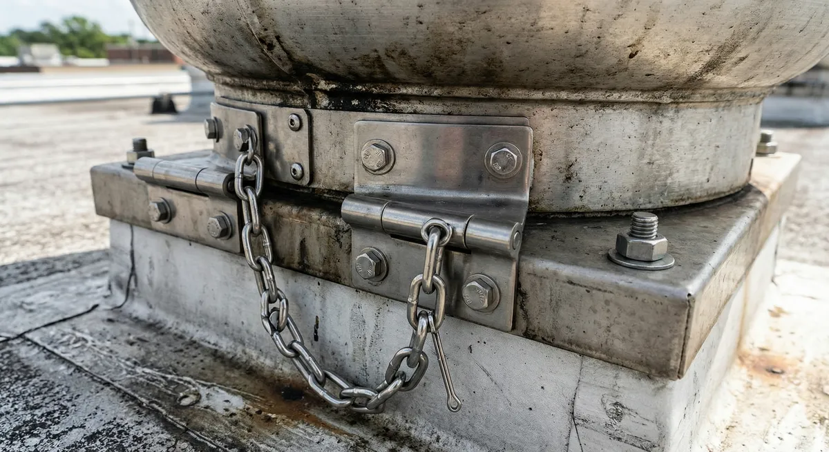 Exhaust fan hinge and rooftop maintenance detail in Orlando