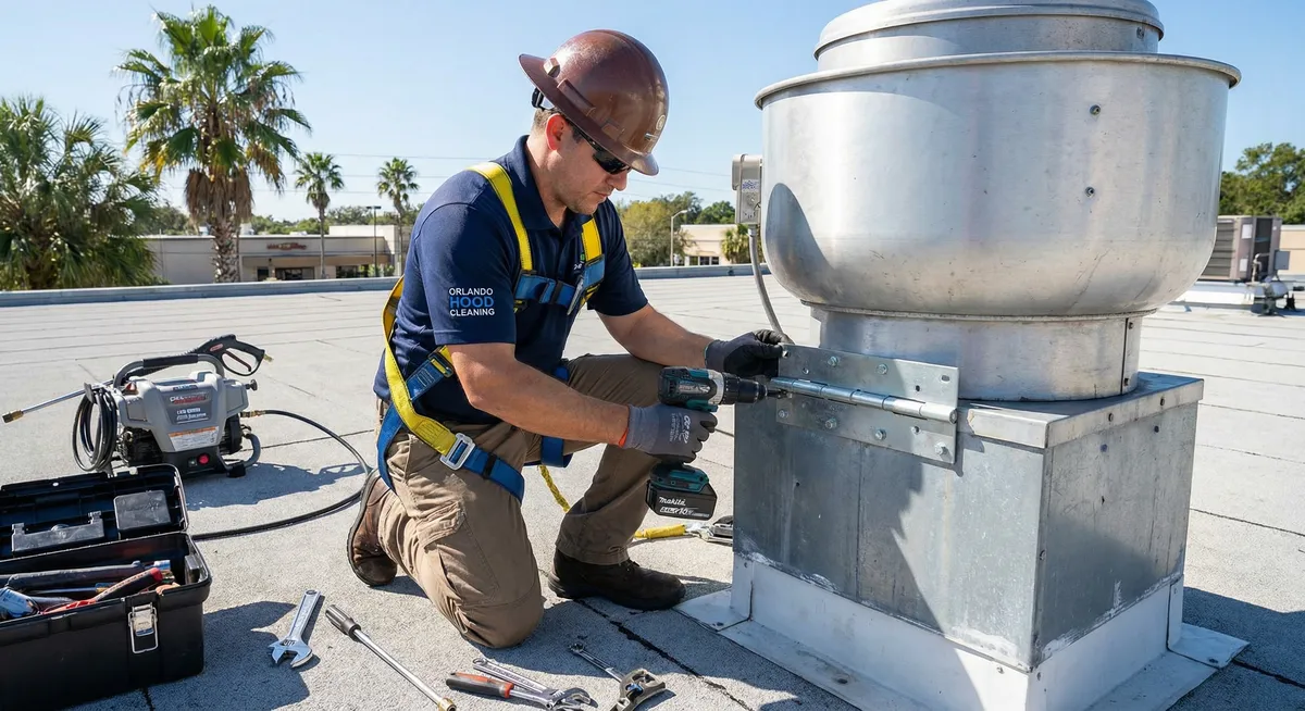 Commercial kitchen exhaust repair assessment and hinge system detail in Orlando